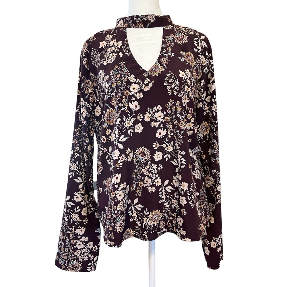 Altar’d State Purple Blouse, Floral Long Sleeve Plum Button Keyhole Top, Large
